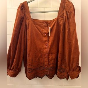 Madewell Embroidered Eyelet Corduroy Tie-Sleeve Top